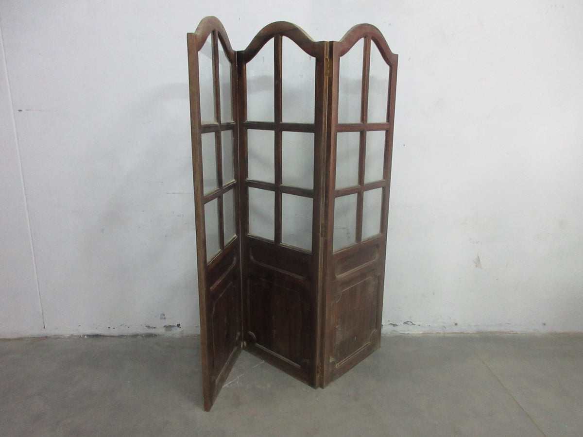 3 Panel Wood and Glass Screen with Window Pane Design, Brown and Clear