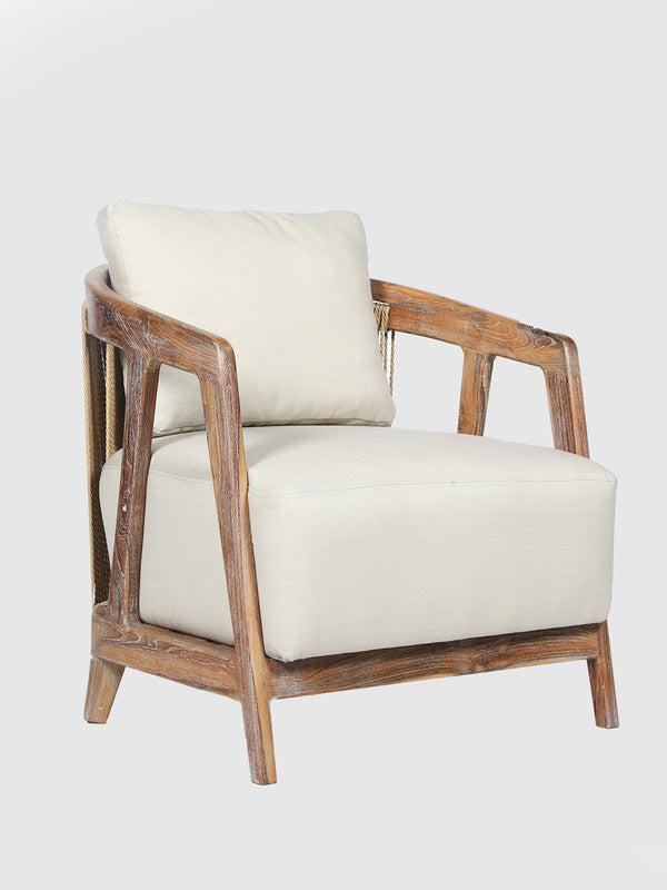 A beige upholstered armchair with rope weave backrest, featuring a wooden frame.