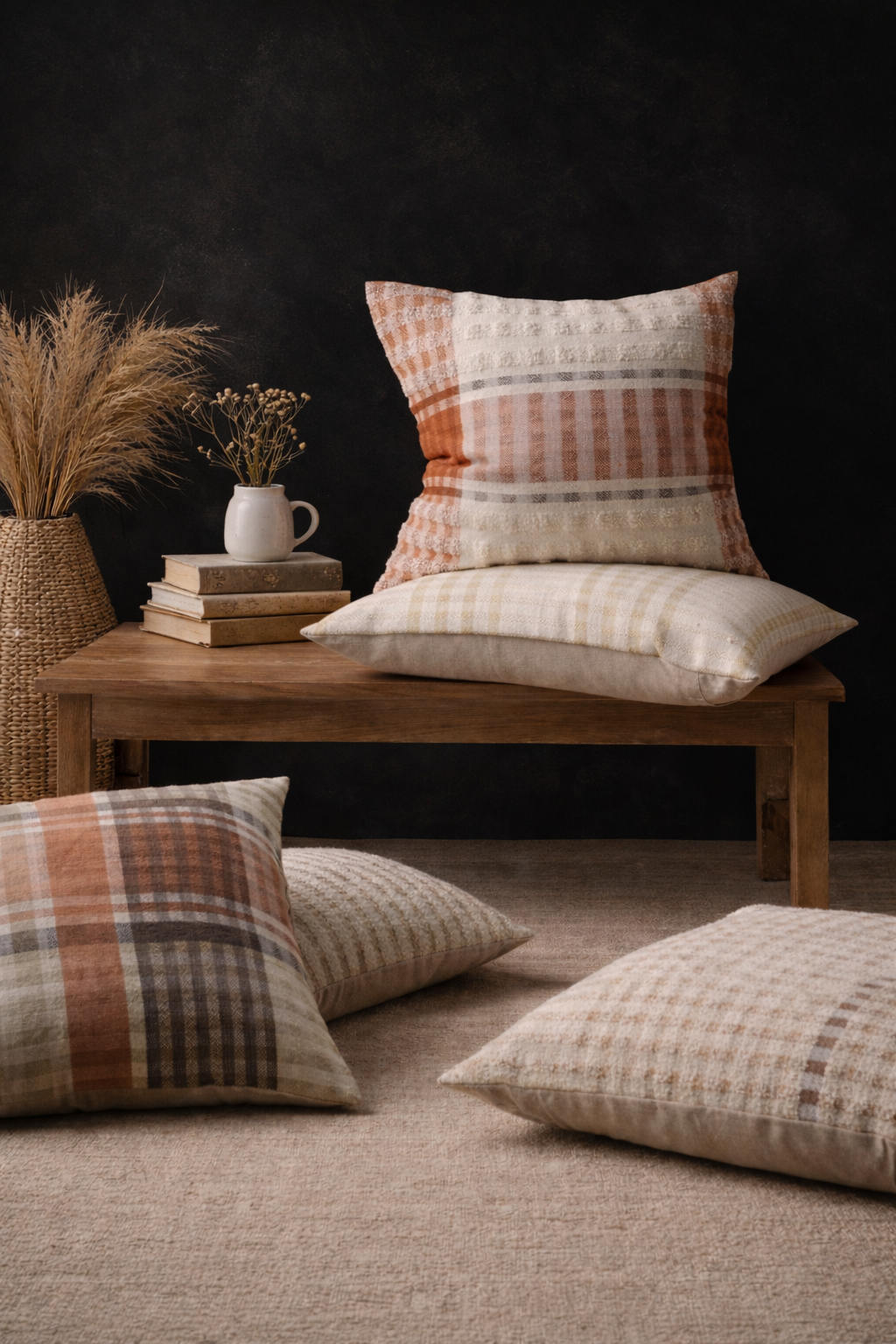 Plaid pillows on a wooden bench against a dark background
